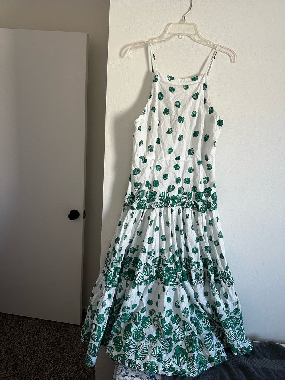 Anthropologie White Maxi Dress with Green Leaf Motif